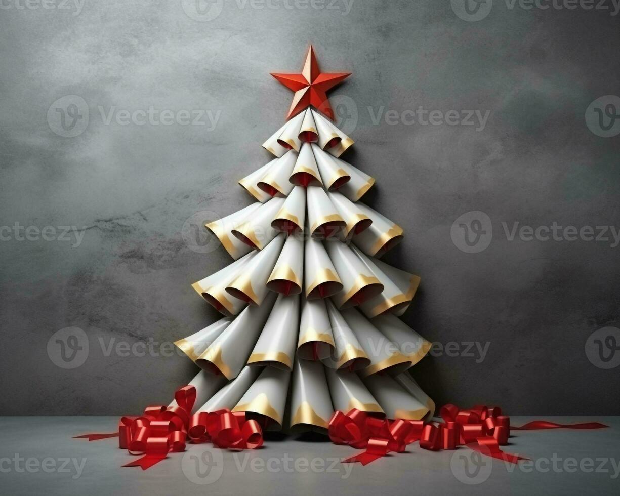 uma papel Natal árvore fez a partir de vermelho fitas e uma ouro estrela, Natal imagem, fotorrealista ilustração foto