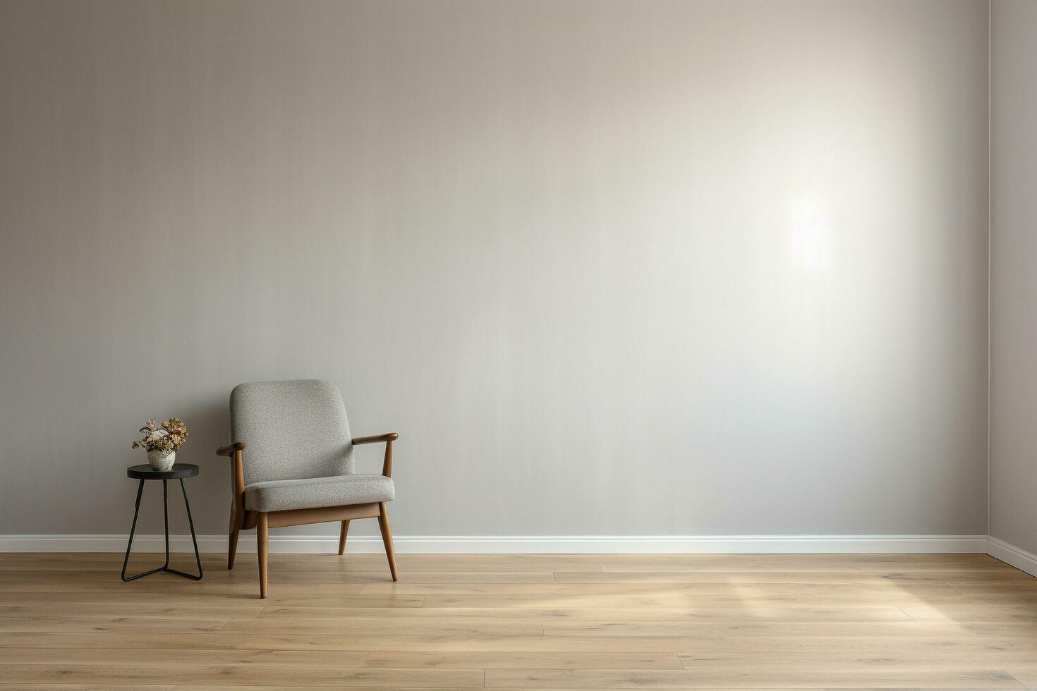 uma quarto com uma cinzento parede e uma de madeira chão. a quarto é esvaziar exceto para uma cadeira, generativo ai foto