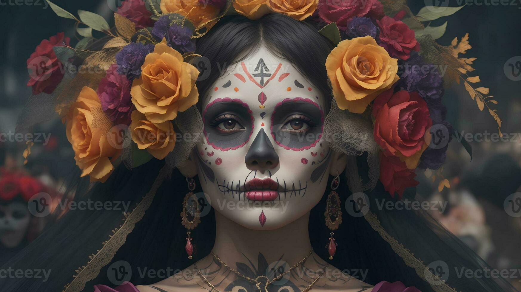 mulher vestindo Catrina Maquiagem contra dia do a morto celebração pano de fundo ai gerado foto