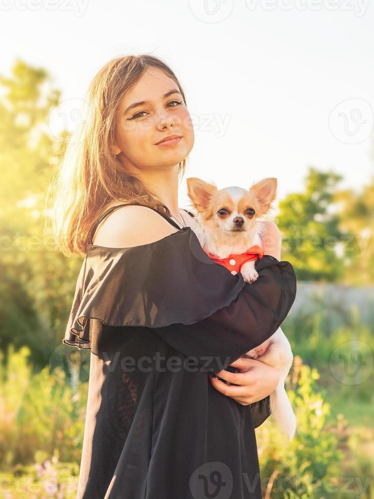 retrato de uma jovem, com seu chihuahua. cachorrinho fofo. uma garota em um vestido e um cachorrinho branco. foto