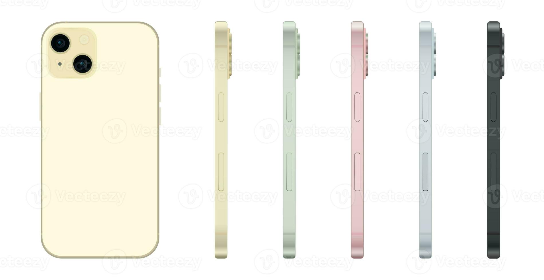 Novo Smartphone 15, moderno Smartphone engenhoca, conjunto do 5 peças dentro Novo original cores - vetor foto