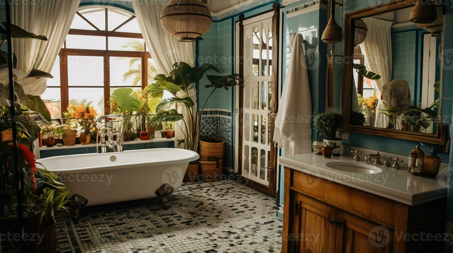 generativo ai, retro boho hotel banheiro, porto rico estilo. brilhante cores e plantas foto