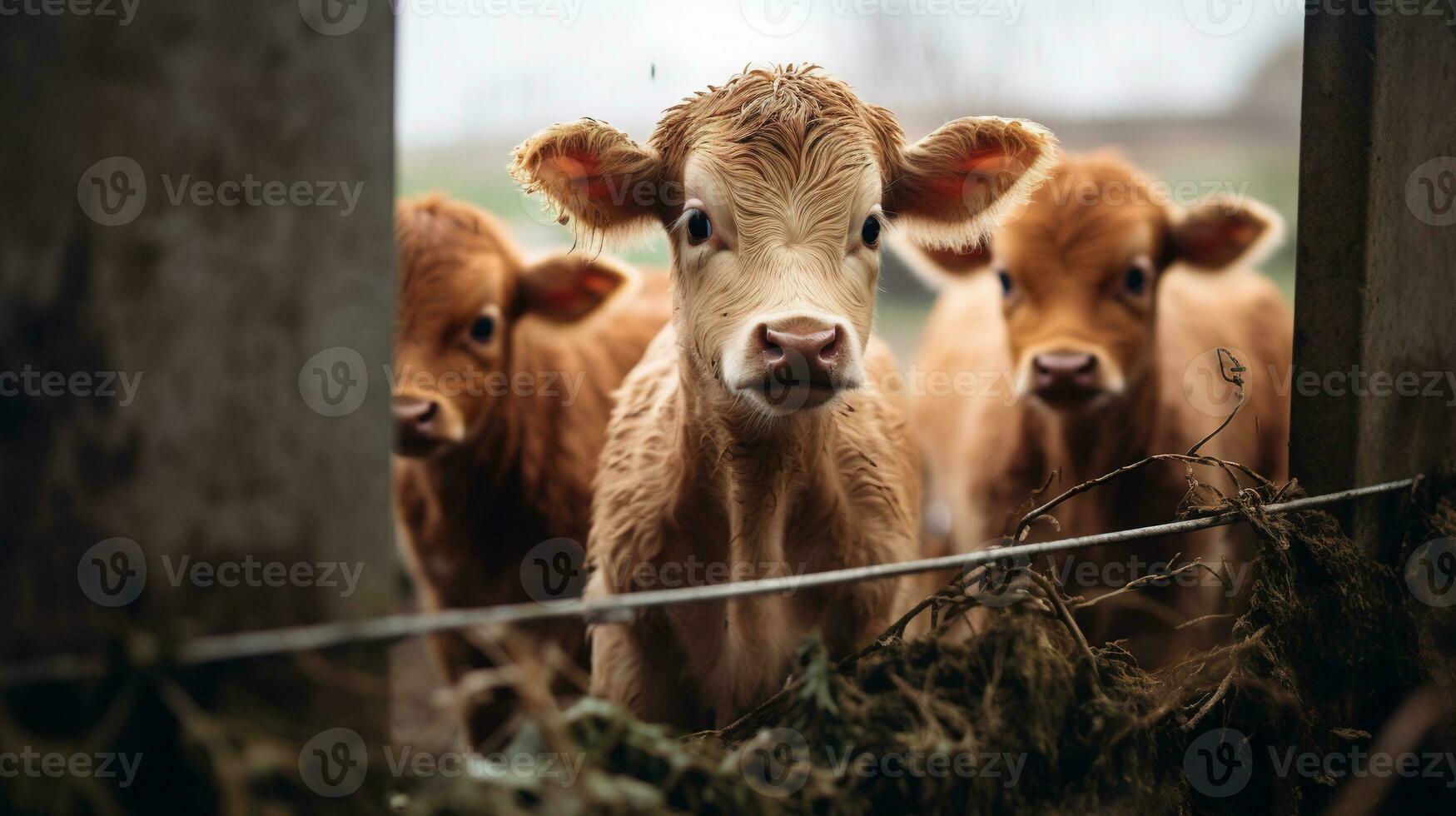 generativo ai, pequeno bezerros olhando às a Câmera em uma fazenda, bebê vacas foto