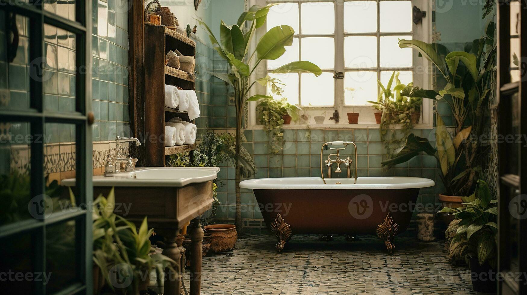 generativo ai, retro boho hotel banheiro, porto rico estilo. brilhante cores e plantas foto