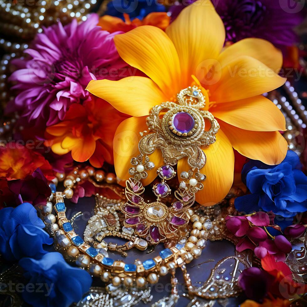 indiano cultura comemora joalheria colares com flores e colorida fundos foto