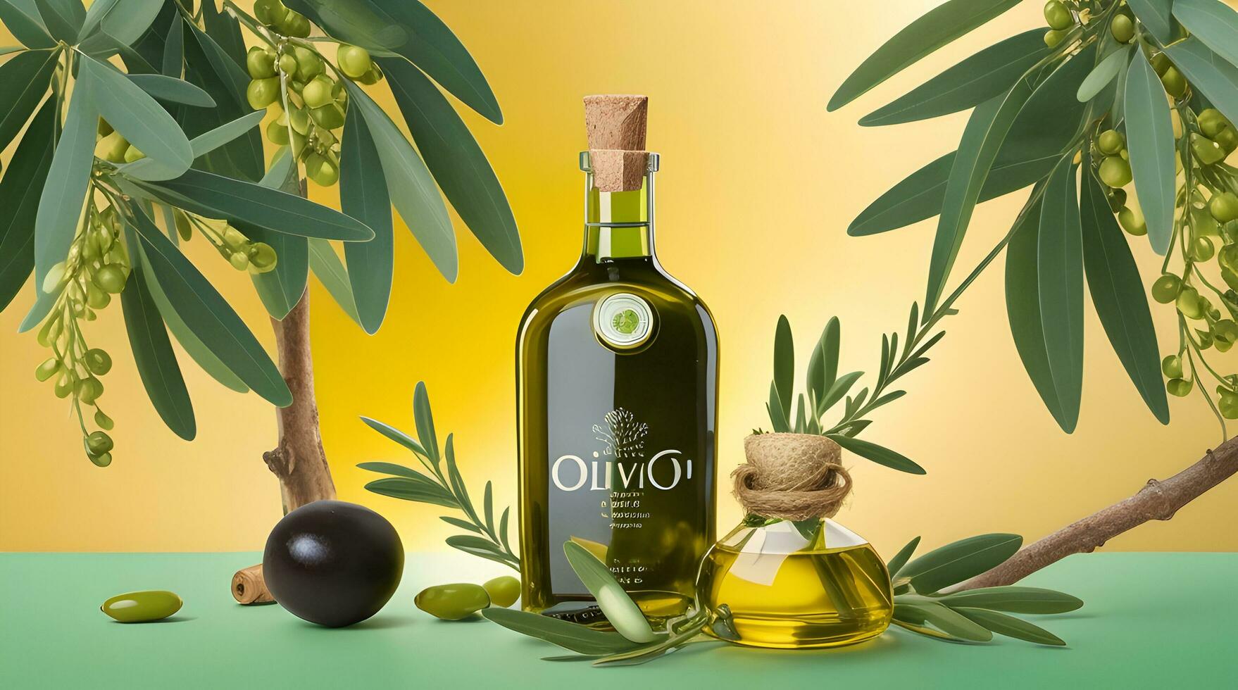 Oliva óleo dentro uma garrafa, verde azeitonas e Oliva árvore galhos ,derrubar do óleo splash. foto