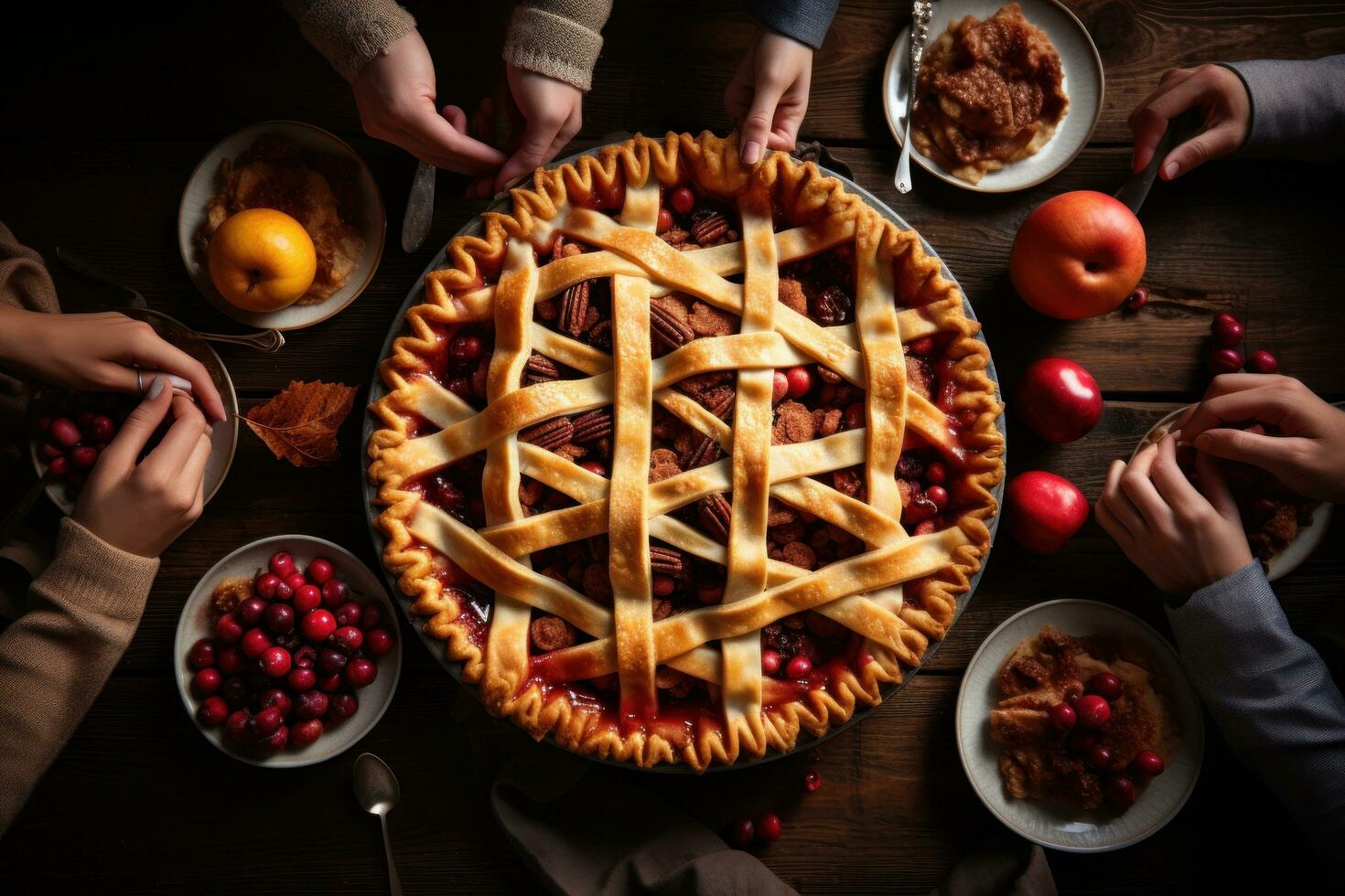 Ação de graças torta às a mesa com família assistindo pessoas foto