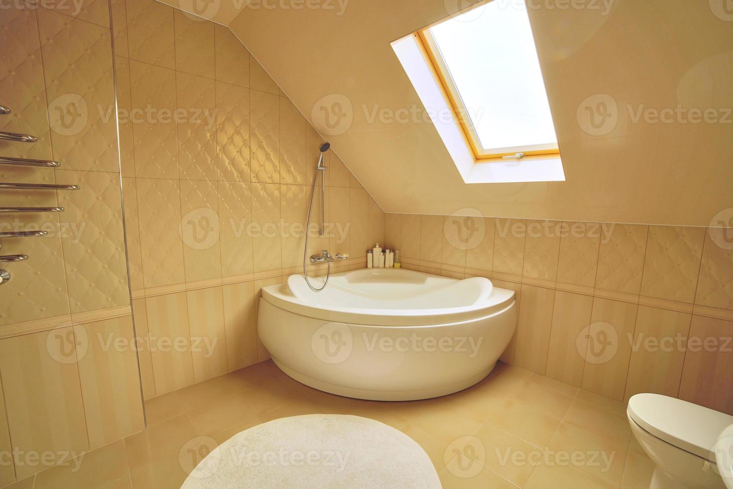 WC e casa de banho com chuveiro de efeito chuva. Quarto de hotel luxuoso foto