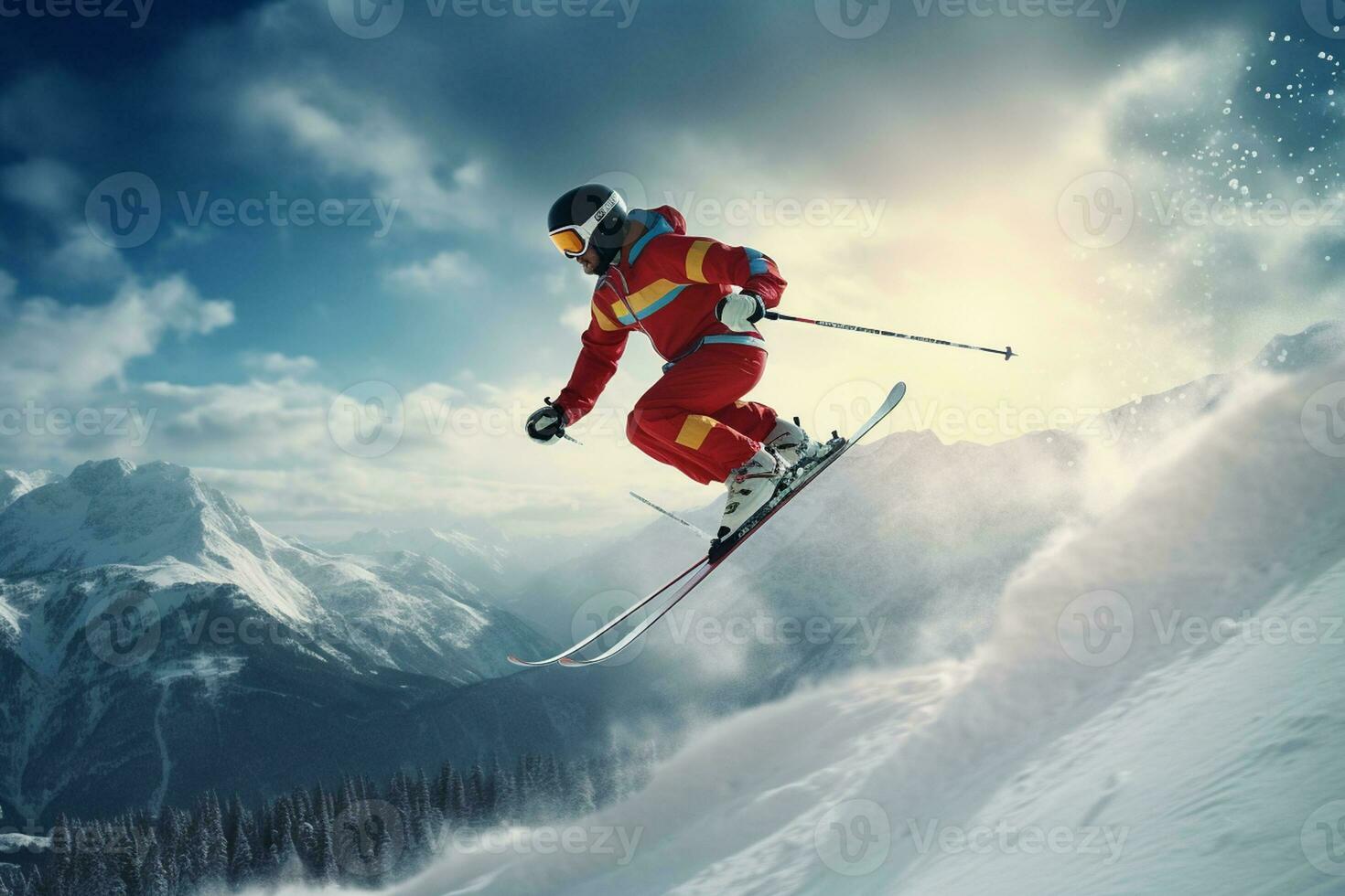 vôo esquiador em montanhas. extremo inverno esporte. 3d Renderização ai gerado foto