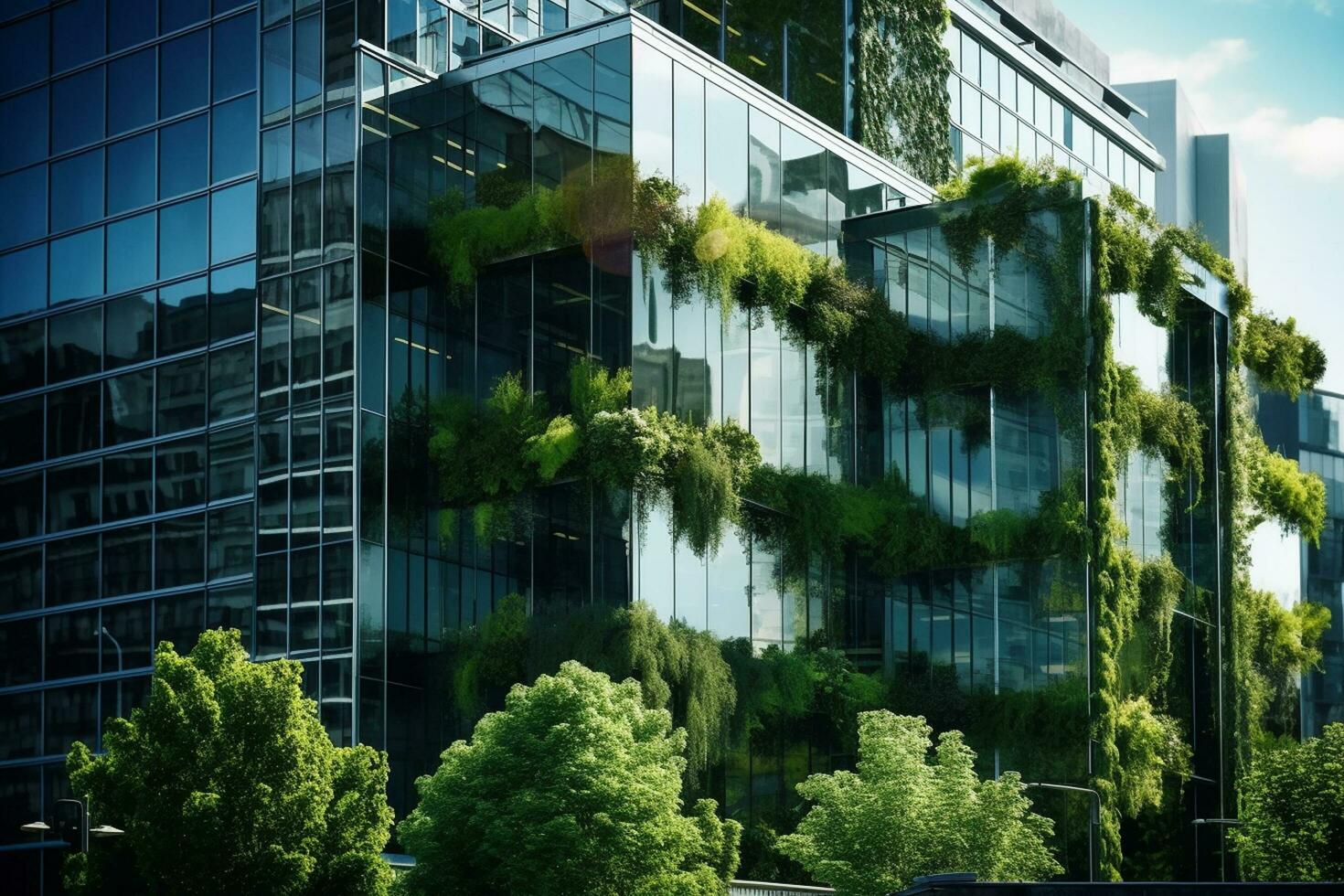 moderno escritório construção com vidro parede e verde árvores cidade panorama. ai gerado foto