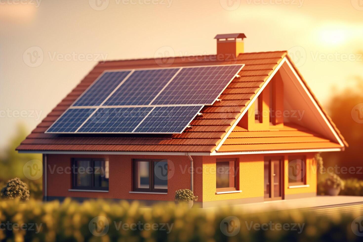 casa com solar painéis em a teto. alternativo energia fonte. 3d ilustração. ai gerado foto