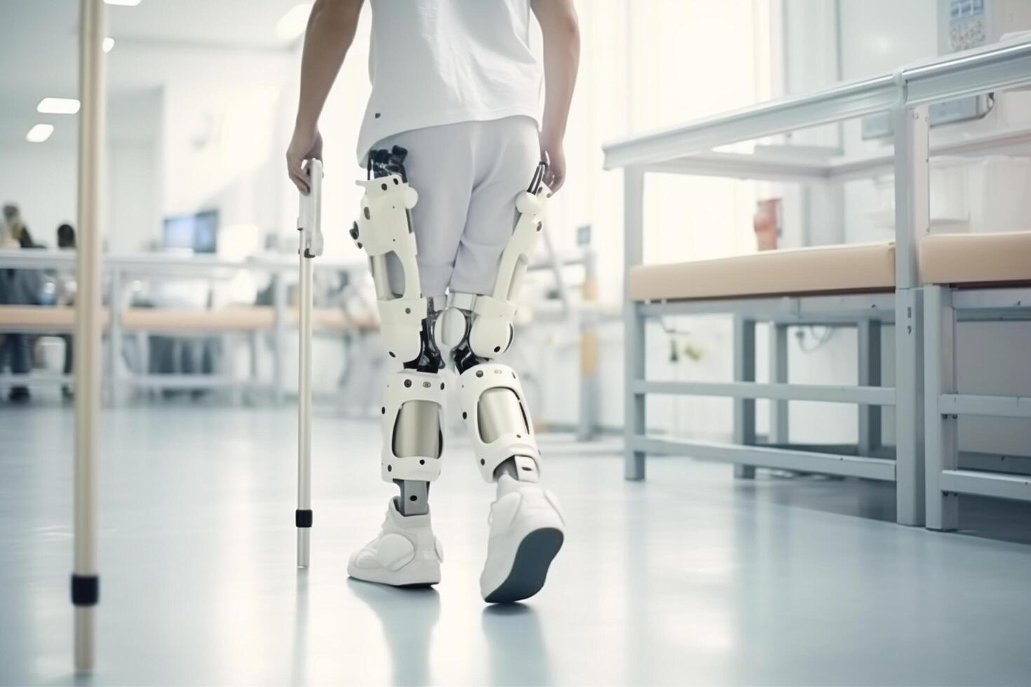 robô caminhando em muletas dentro a hospital, fechar-se ai generativo foto