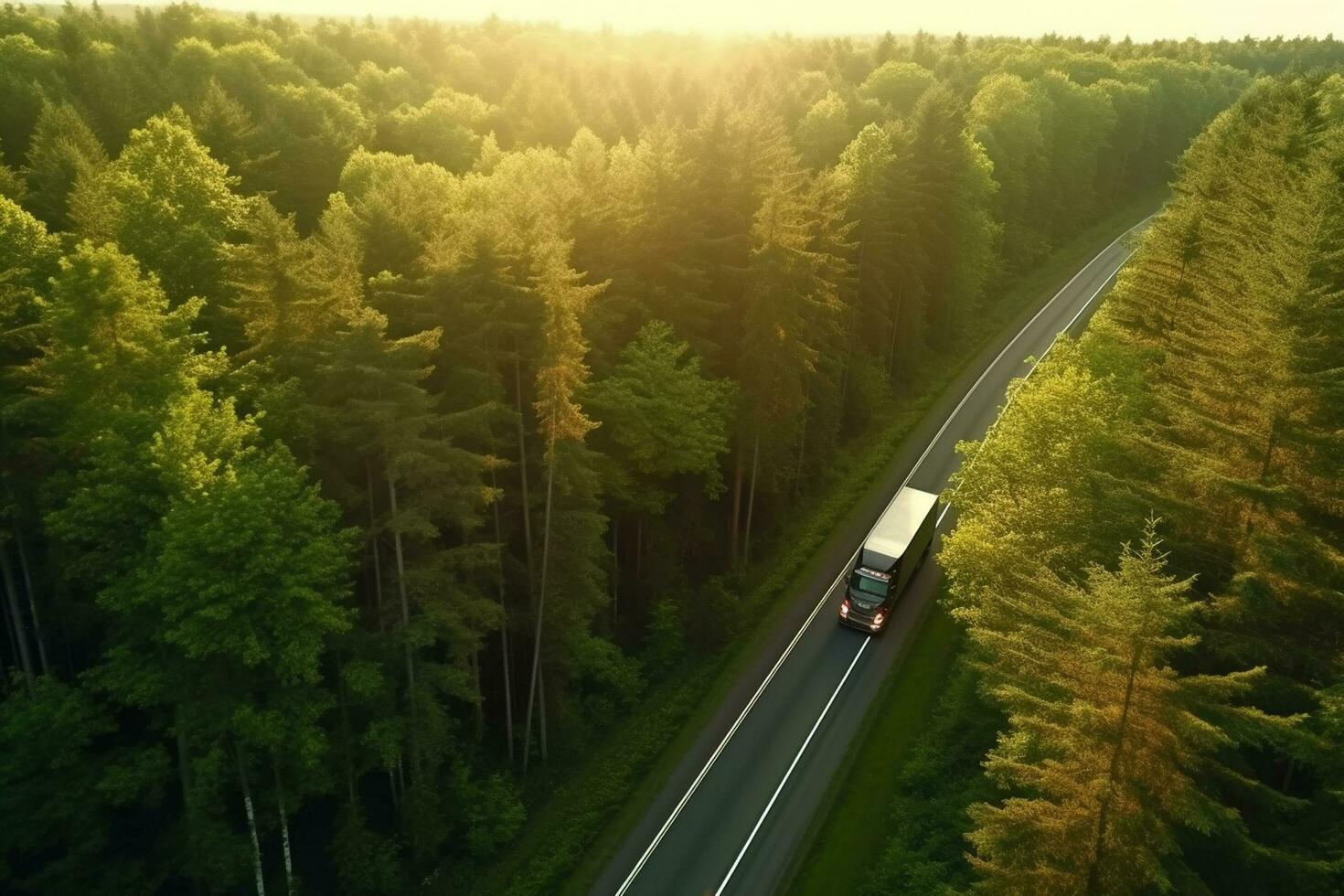 aéreo Visão do uma caminhão em a estrada dentro a floresta. foto