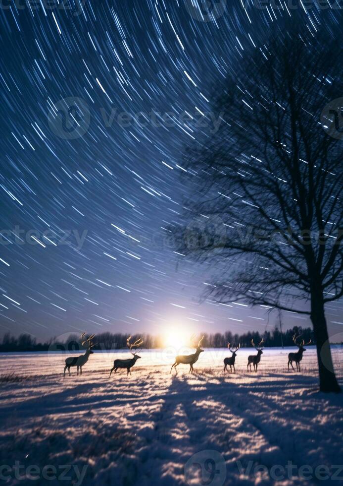 uma grandes exposição do uma rebanho do rena corrida através uma Nevado campo, Natal imagem, desenho animado ilustração arte foto