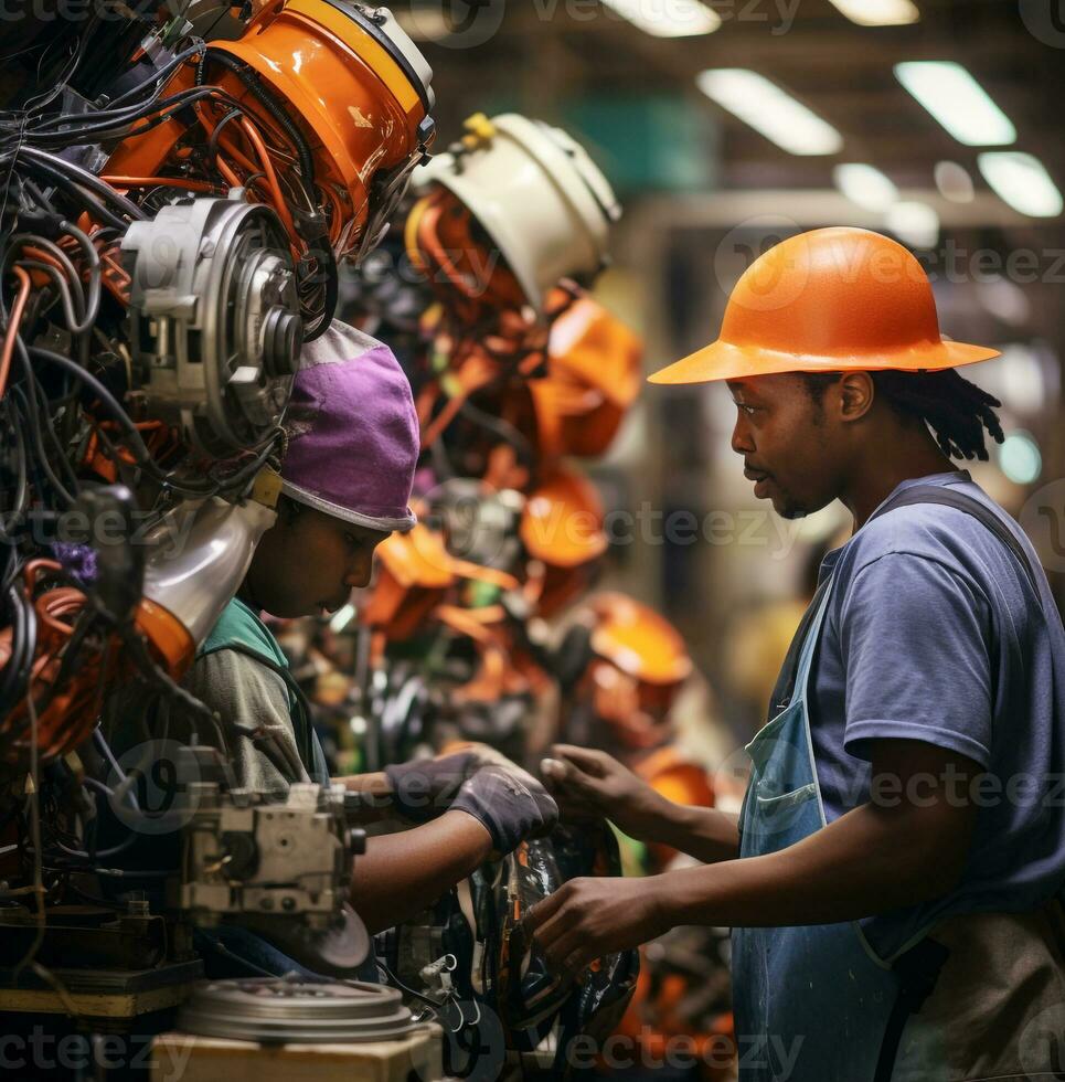 dois industrial trabalhadores dentro chapéus olhando às robôs às a montagem linha, industrial maquinaria estoque fotos