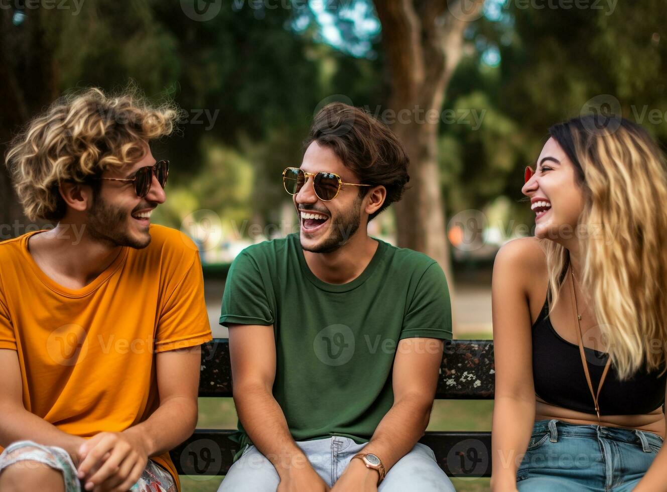 uma grupo do amigos sentado em uma Banco dentro a parque rindo e conversando, mental saúde imagens, fotorrealista ilustração foto