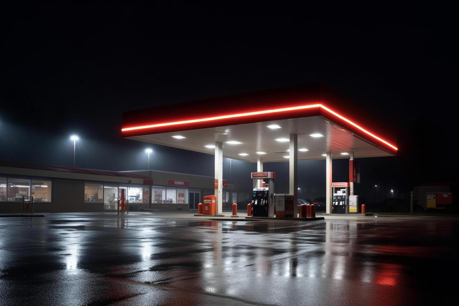 gás estação às noite. reabastecimento do Gasolina às gás estação ai gerado foto