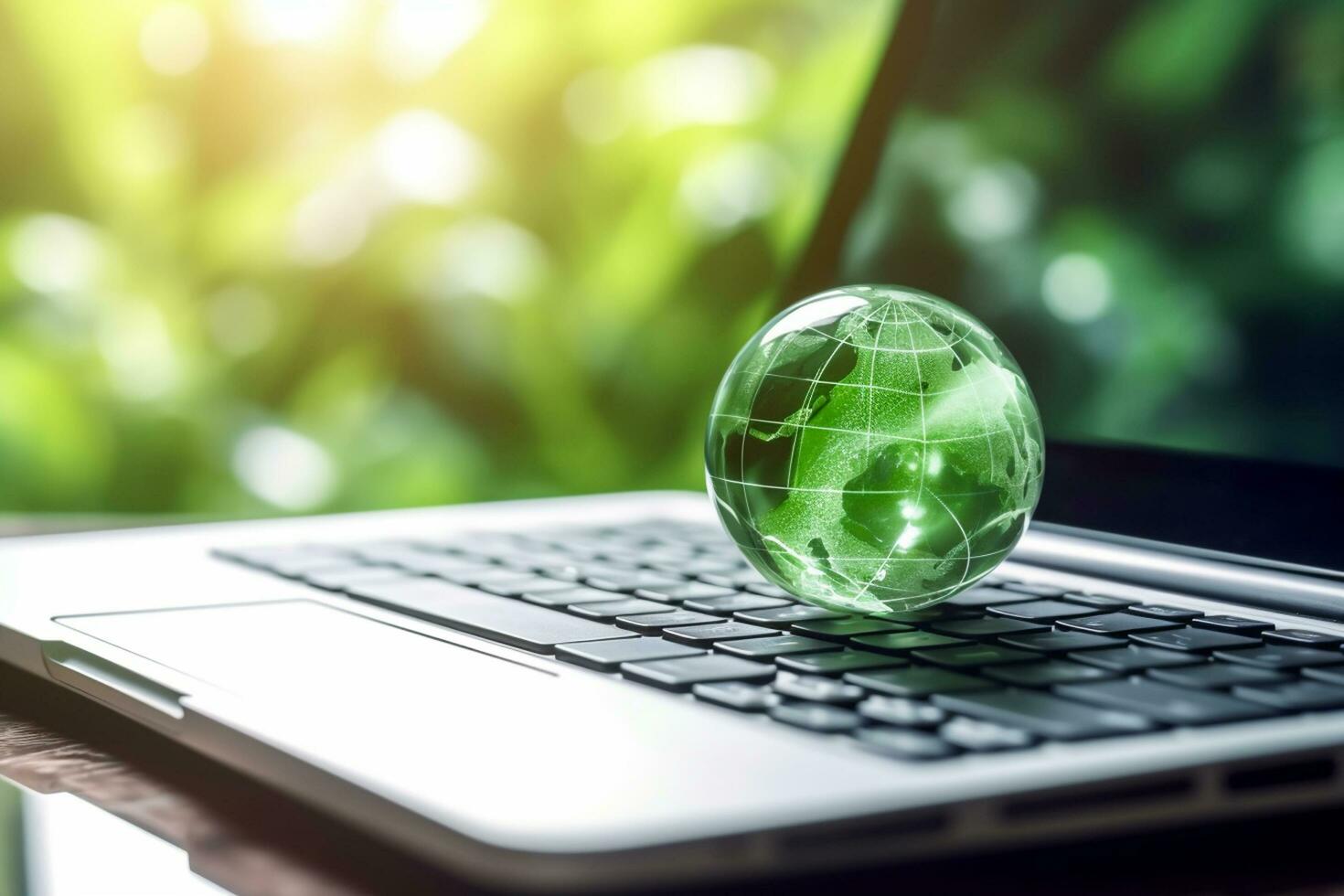 computador portátil com terra globo em de madeira mesa e verde bokeh fundo ai generativo foto