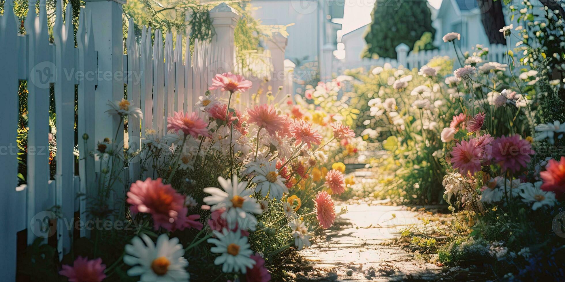 generativo ai, lindo verão privado jardim com muitos flores e plantas, natureza paisagem, Inglês campo chalé estilo foto