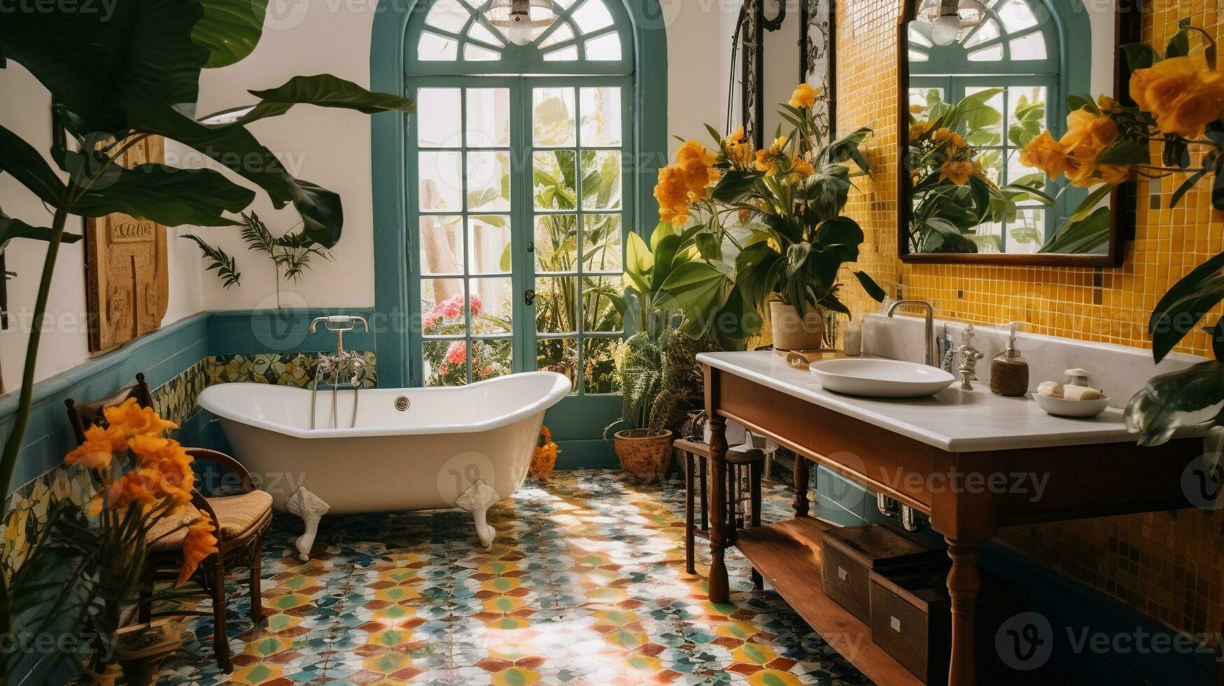 generativo ai, retro boho hotel banheiro, porto rico estilo. brilhante cores e plantas foto