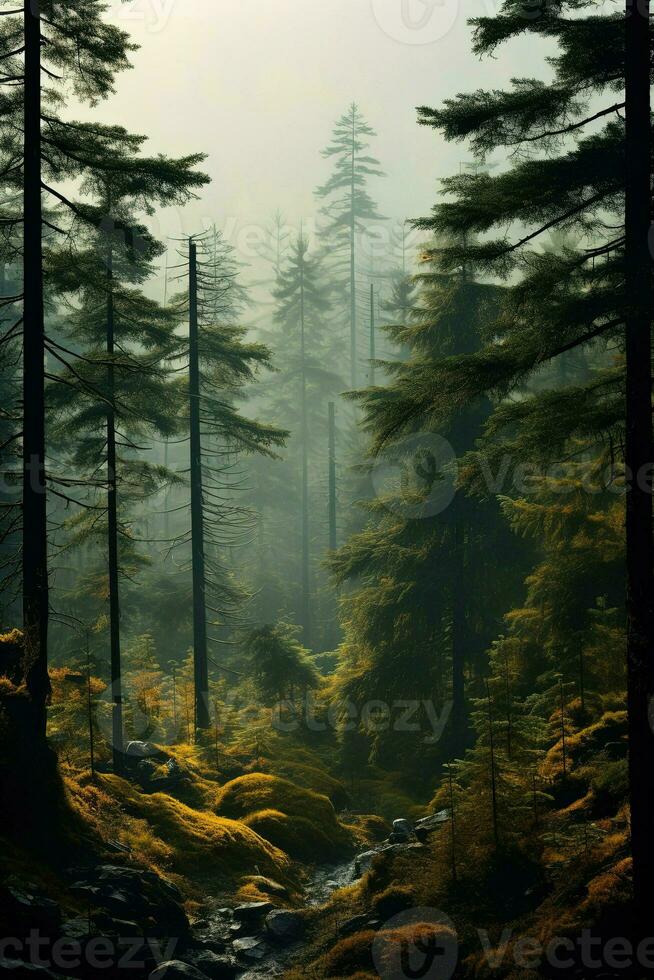 generativo ai, enevoado abeto floresta lindo panorama dentro hipster vintage retro estilo, nebuloso montanhas e árvores foto