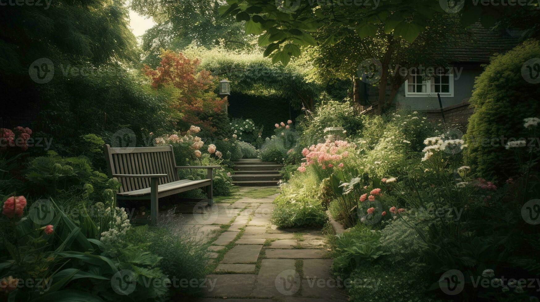 generativo ai, lindo verão privado jardim com muitos flores e plantas, natureza paisagem, Inglês campo chalé estilo foto