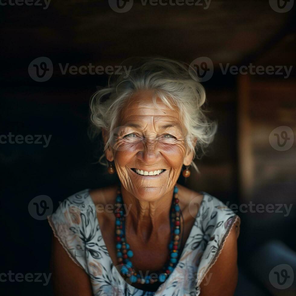 generativo ai, fechar-se do idosos sorridente mulher, felicidade Veja foto