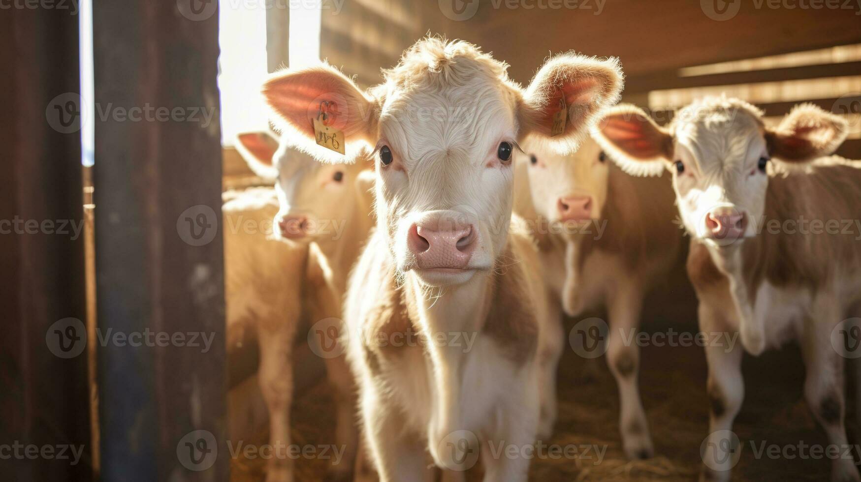 generativo ai, pequeno bezerros olhando às a Câmera em uma fazenda, bebê vacas foto