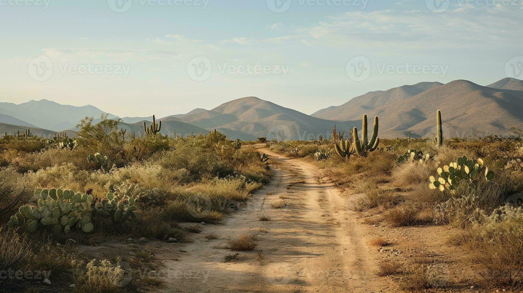 generativo ai, solitário estrada dentro a deserto, estética, silenciado neutro cores, cactos plantas foto