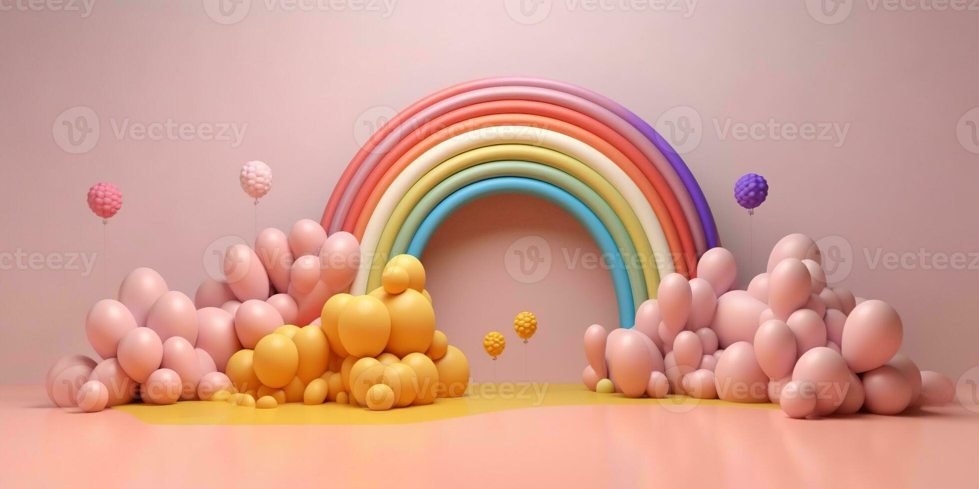 generativo ai, arco Iris e colorida balões. aniversário festa 3d fundo. brincar, modelo para cumprimentando cartão foto