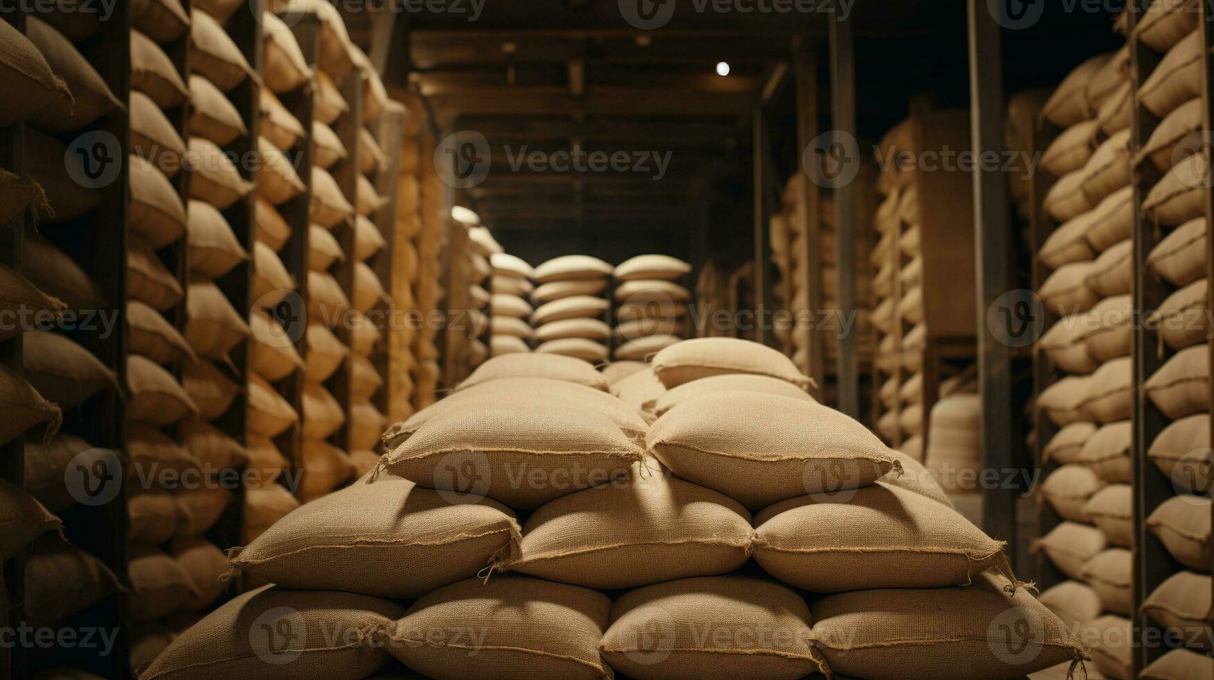 generativo ai, pilha cânhamo sacos do arroz ou café, industrial armazenamento foto