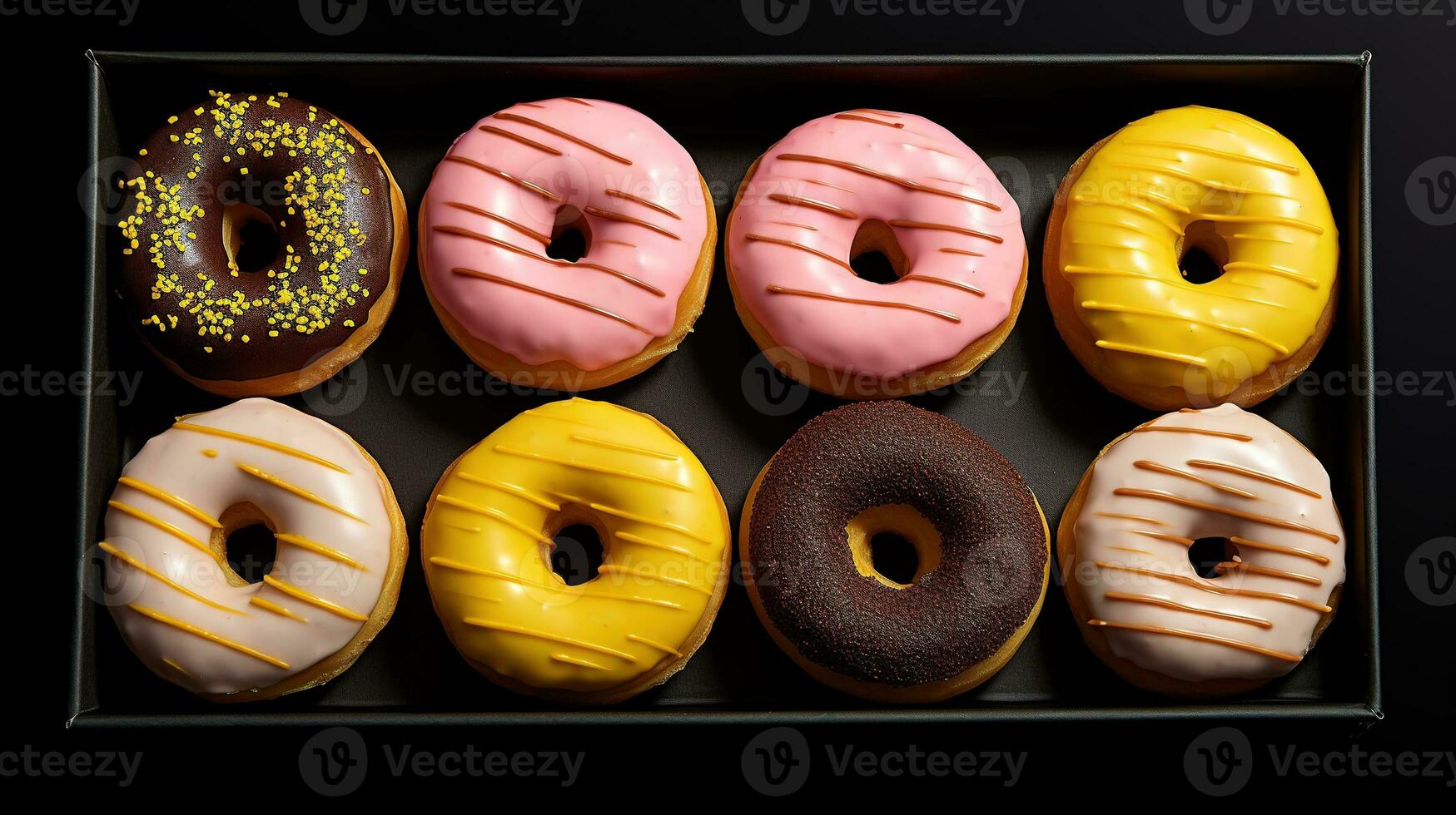 generativo ai, sortido colorida envidraçado rosquinhas com granulados, doce cozido sobremesa foto