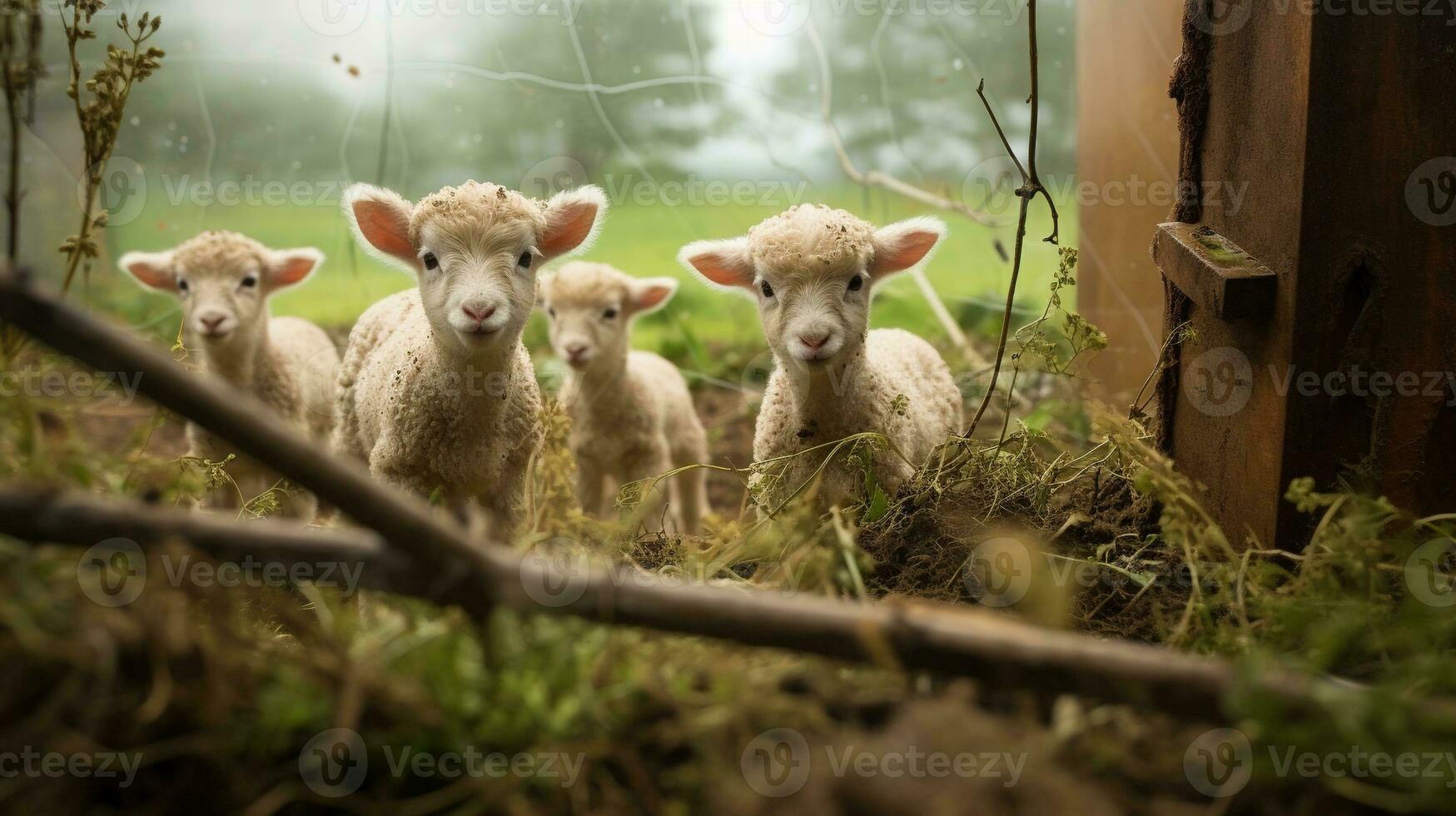 generativo ai, pequeno cordeiros olhando às a Câmera em uma fazenda, bebê ovelhas foto