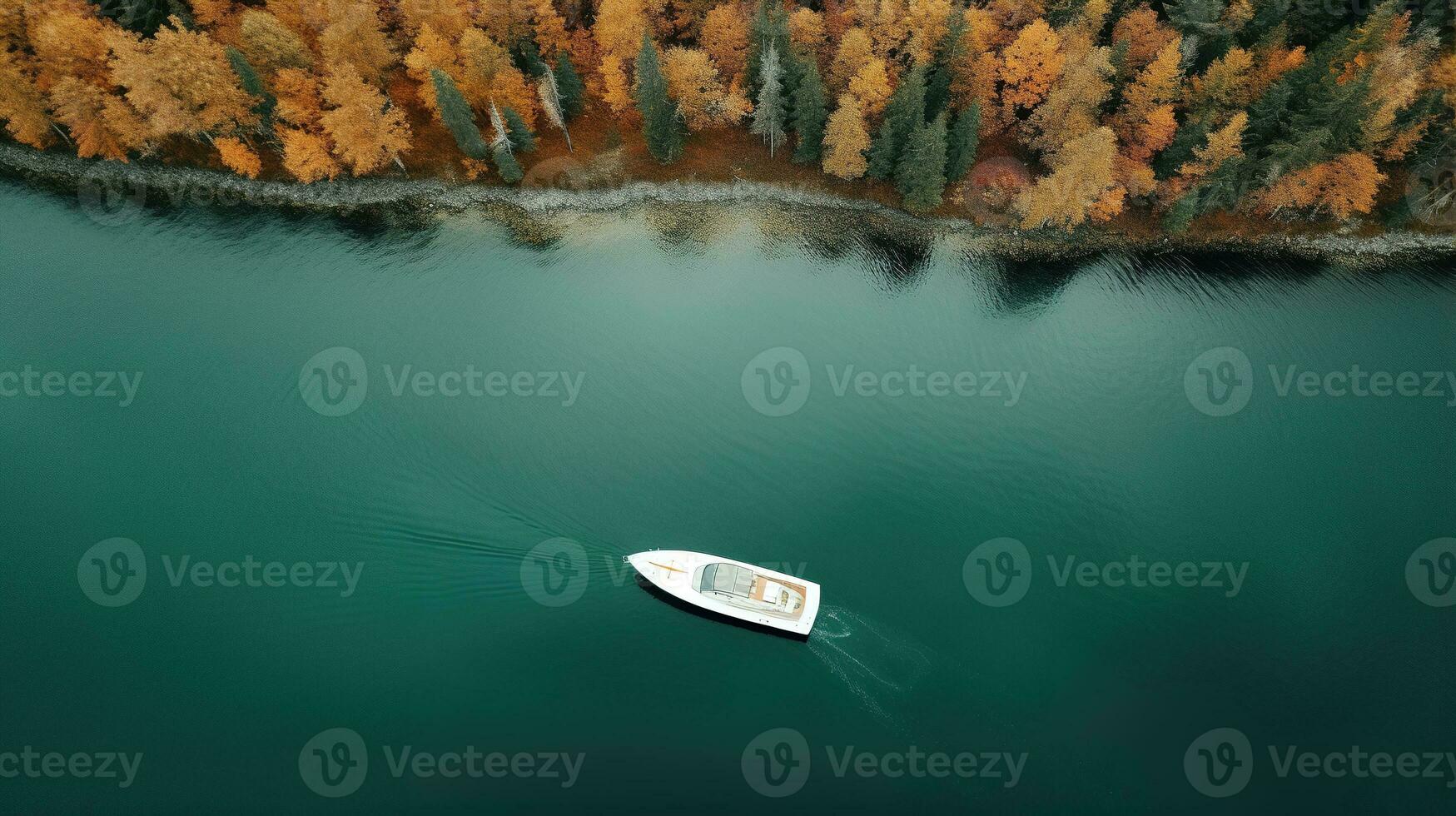 generativo ai, barco às a calma lago dentro outono com sereno água em volta, outono panorama foto