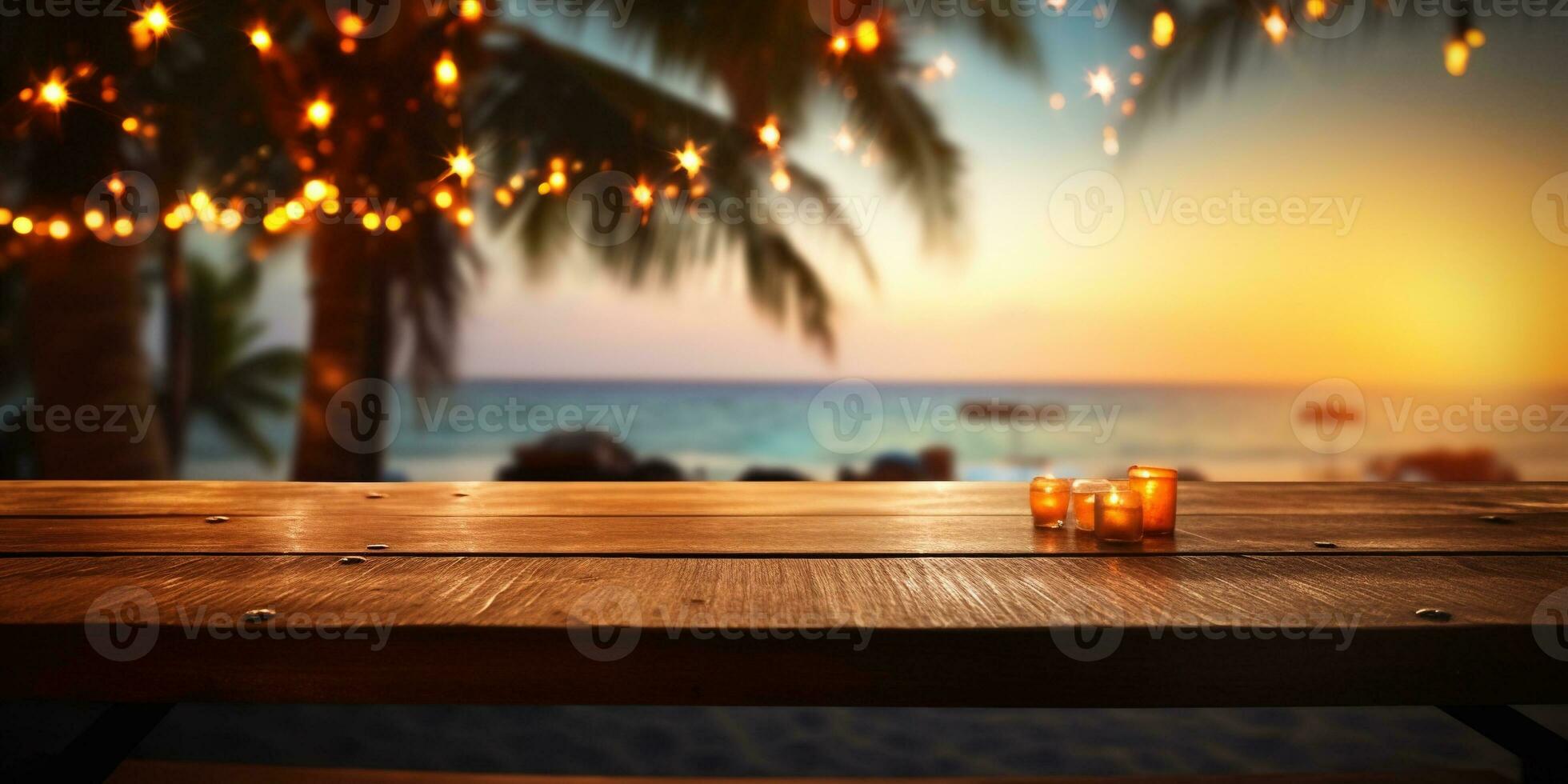 generativo ai, tropical verão pôr do sol de praia Barra fundo. de madeira mesa topo produtos exibição mostruário esvaziar estágio. foto