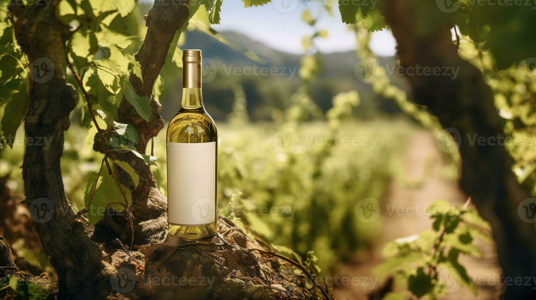 generativo ai, branco vinho garrafa zombar acima em Vinícola panorama dentro a luz do sol, lidar espaço e Lugar, colocar para logotipo foto