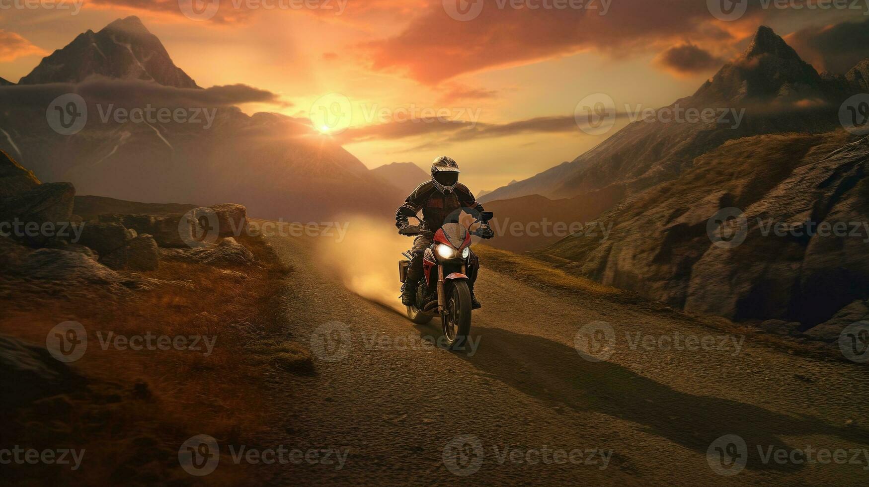generativo ai, motocicleta cavaleiro em rua cavalgando, pôr do sol céu, tendo Diversão dirigindo a esvaziar rodovia em uma motocicleta Tour viagem foto