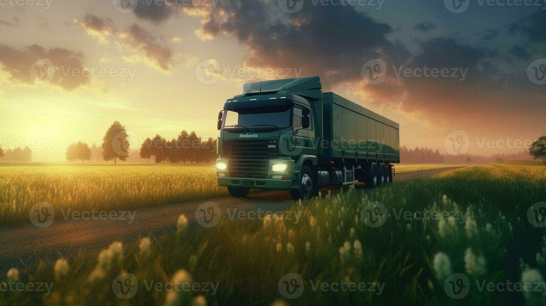 generativo ai, verde caminhão dirigindo em a asfalto estrada dentro rural panorama às pôr do sol. foto