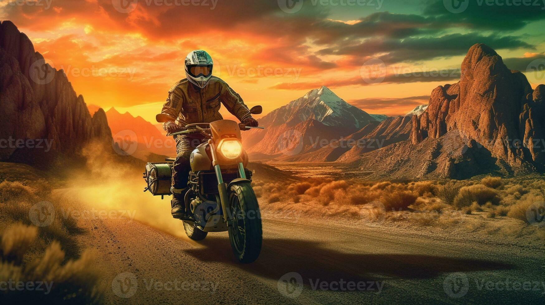 generativo ai, motocicleta cavaleiro em rua cavalgando, pôr do sol céu, tendo Diversão dirigindo a esvaziar rodovia em uma motocicleta Tour viagem foto