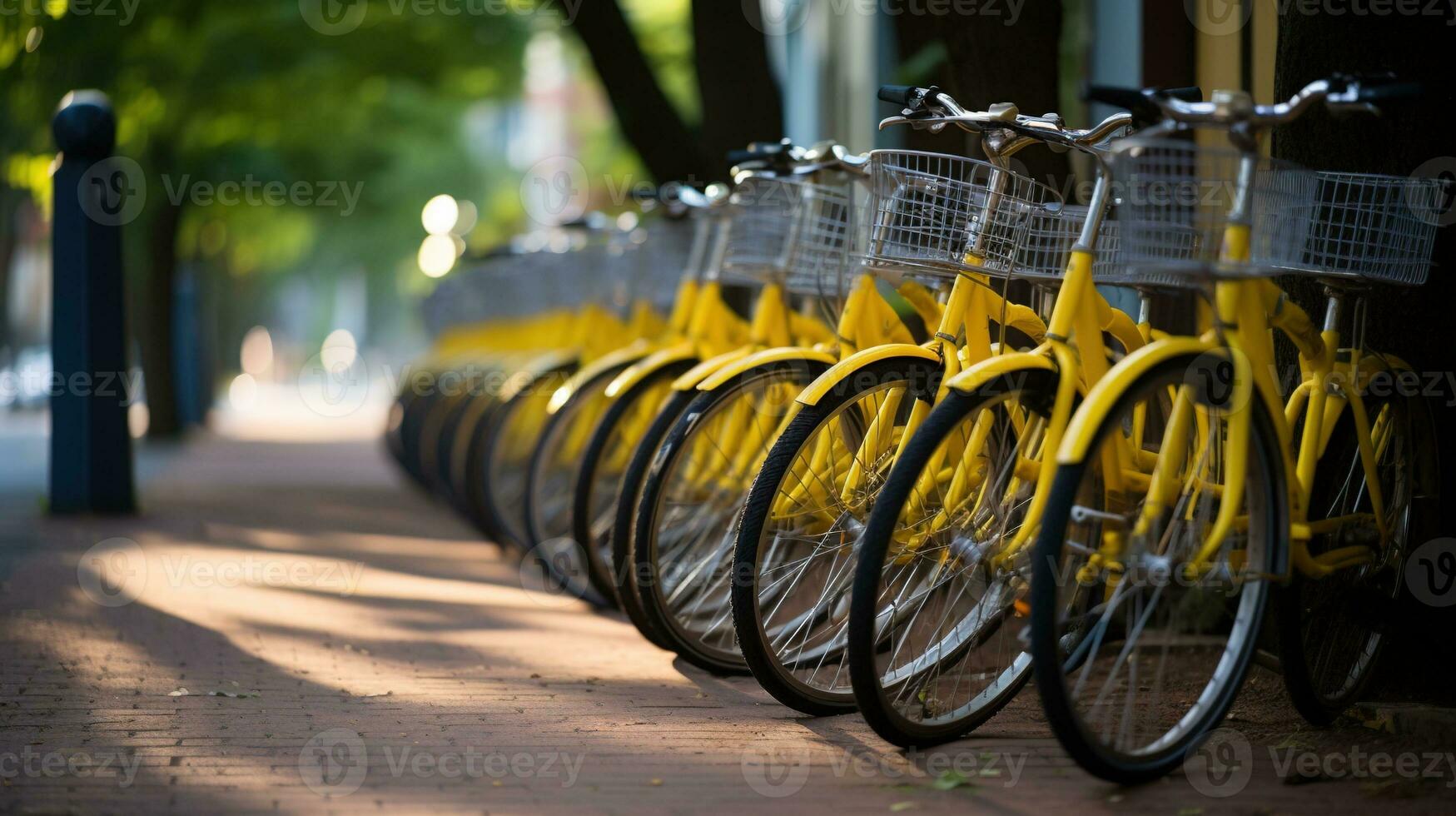 generativo ai, bicicleta partilha sistema, muitos amarelo cidade bicicletas estacionado. saudável ecologia urbano transporte. foto