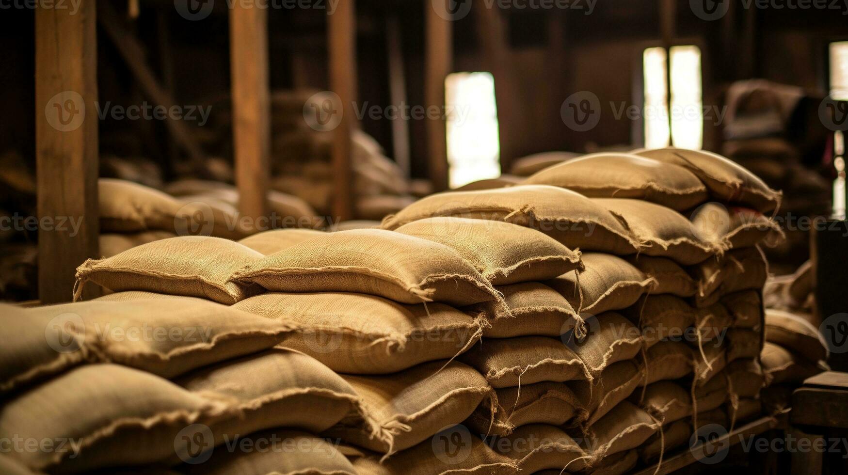 generativo ai, pilha cânhamo sacos do arroz ou café, industrial armazenamento foto