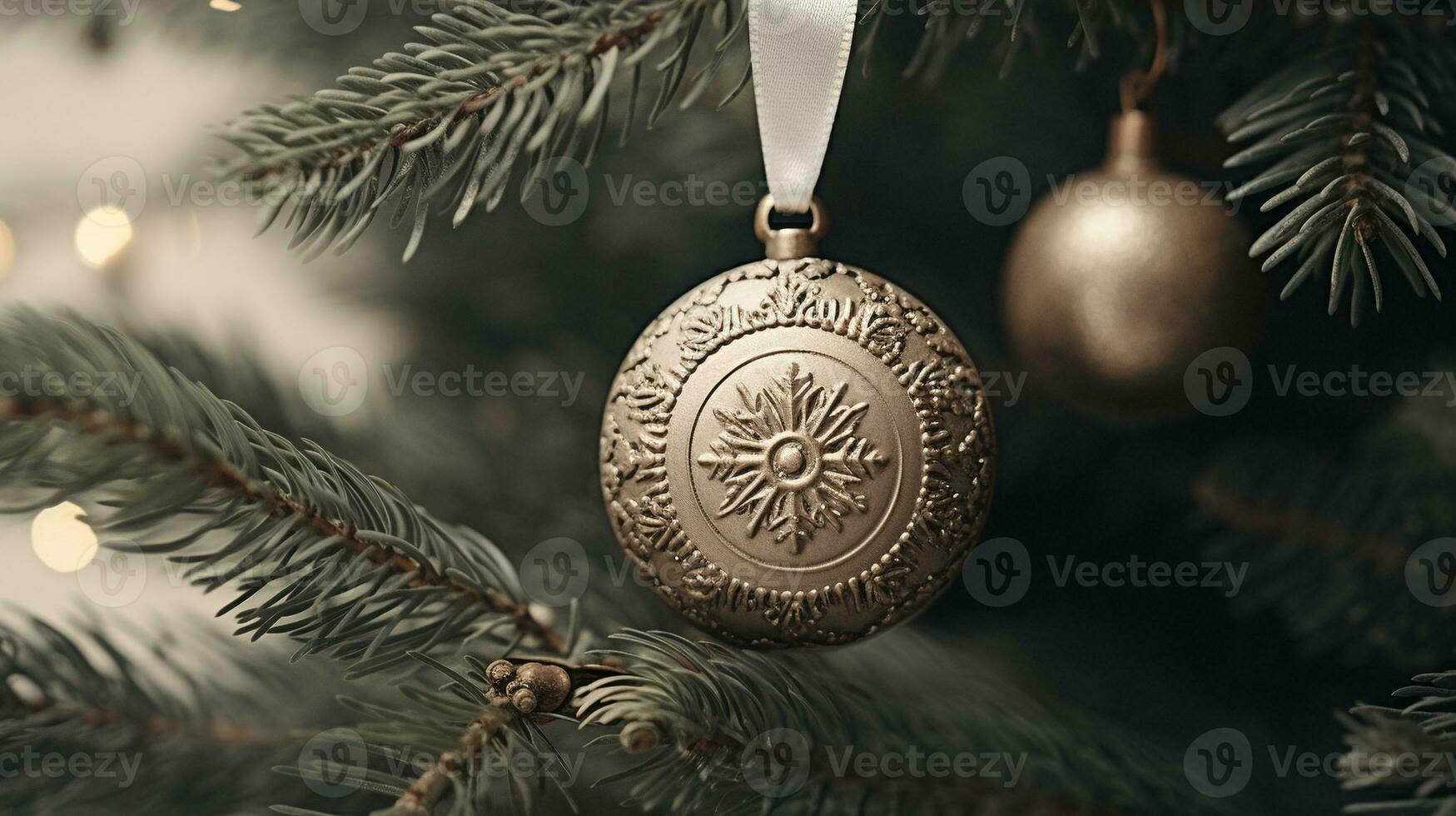 generativo ai, natal e Novo ano bolas dentro a abeto árvore galhos, feriados conceito, festivo inverno estação fundo foto