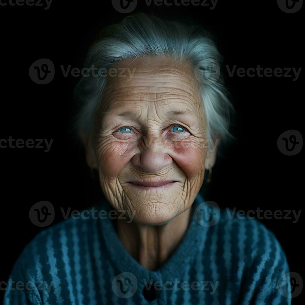 generativo ai, fechar-se do idosos sorridente mulher, felicidade Veja foto