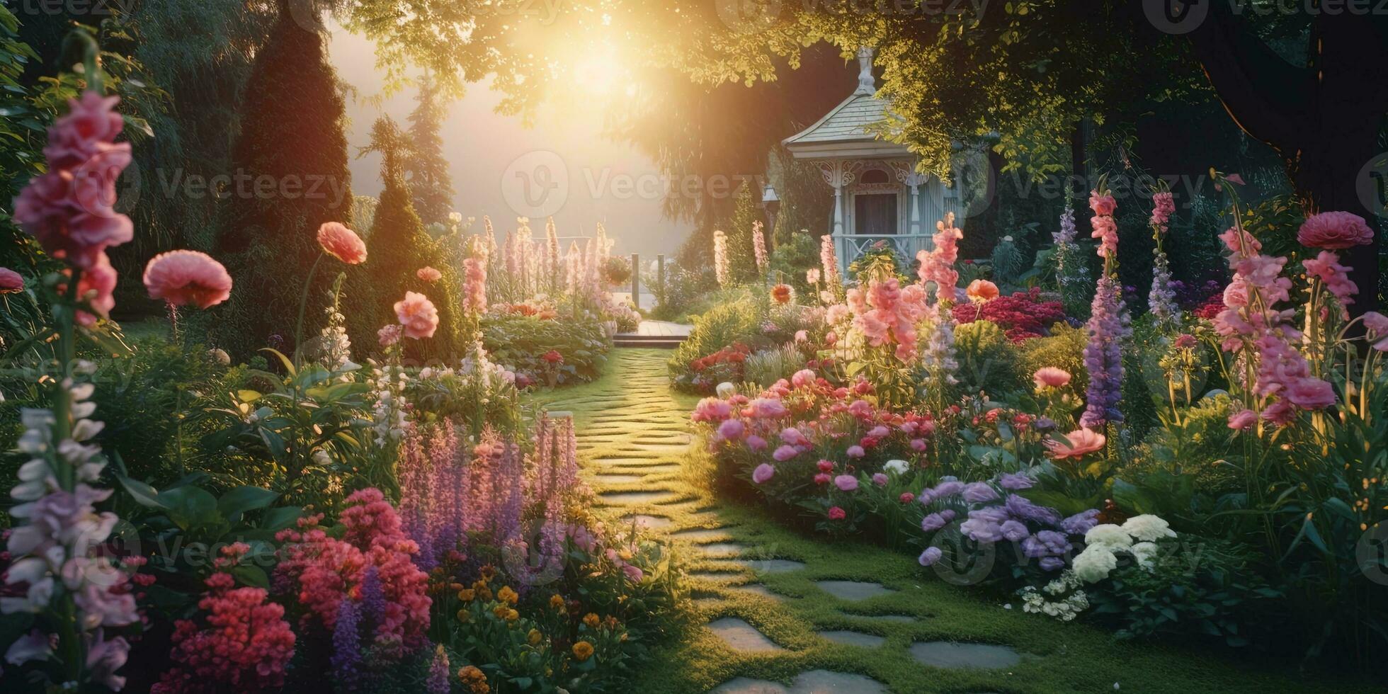 generativo ai, lindo verão privado jardim com muitos flores e plantas, natureza paisagem, Inglês campo chalé estilo foto