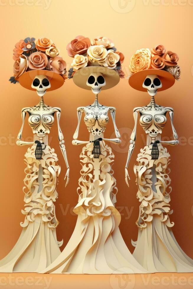 procissão do elegante Catrina esqueletos durante dia do a morto isolado em uma gradiente fundo foto