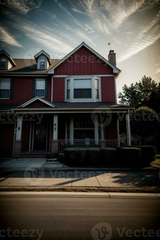 uma vermelho casa sentado em a canto do uma rua. ai gerado foto