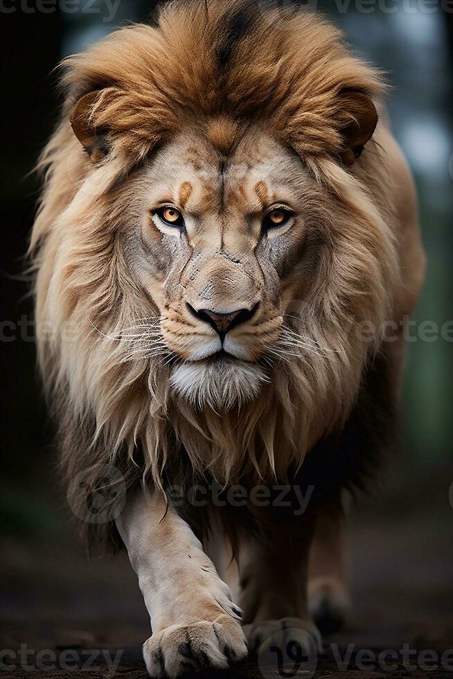 corrida leão rei com dourado coroa em Preto fundo. fantasia ilustração. generativo ai foto