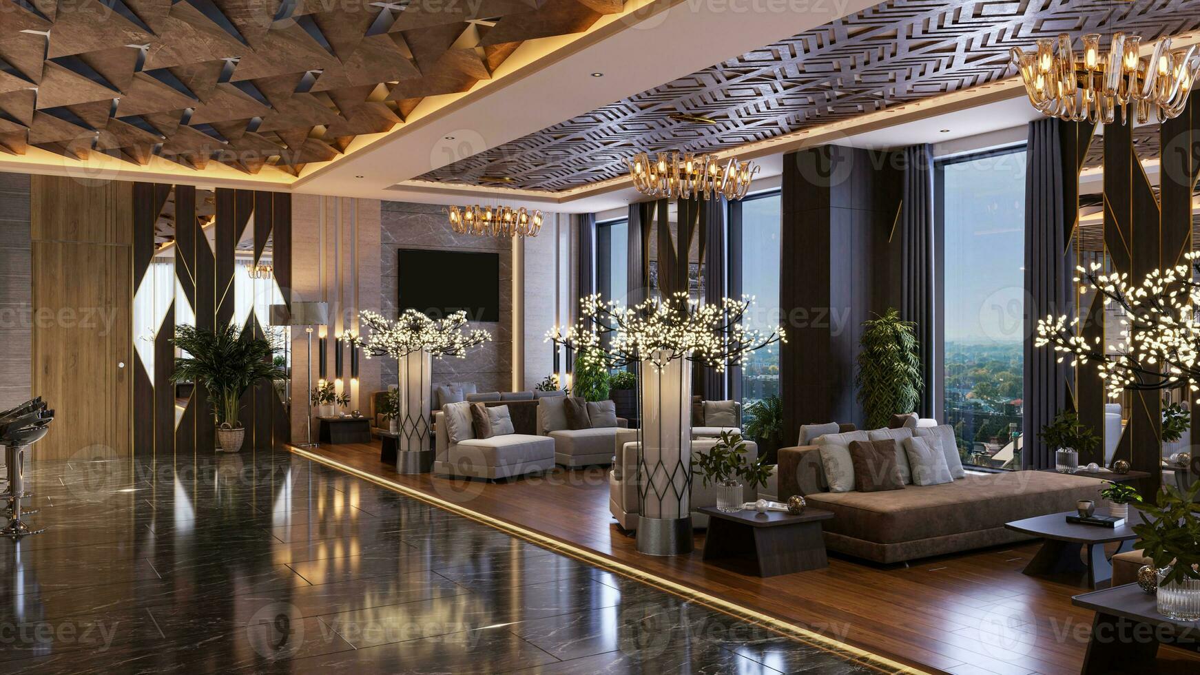 luxuoso hotel lobby ou recepção Projeto Ideias para elevar seu casa arquitetura na moda e à moda 3d Renderização foto