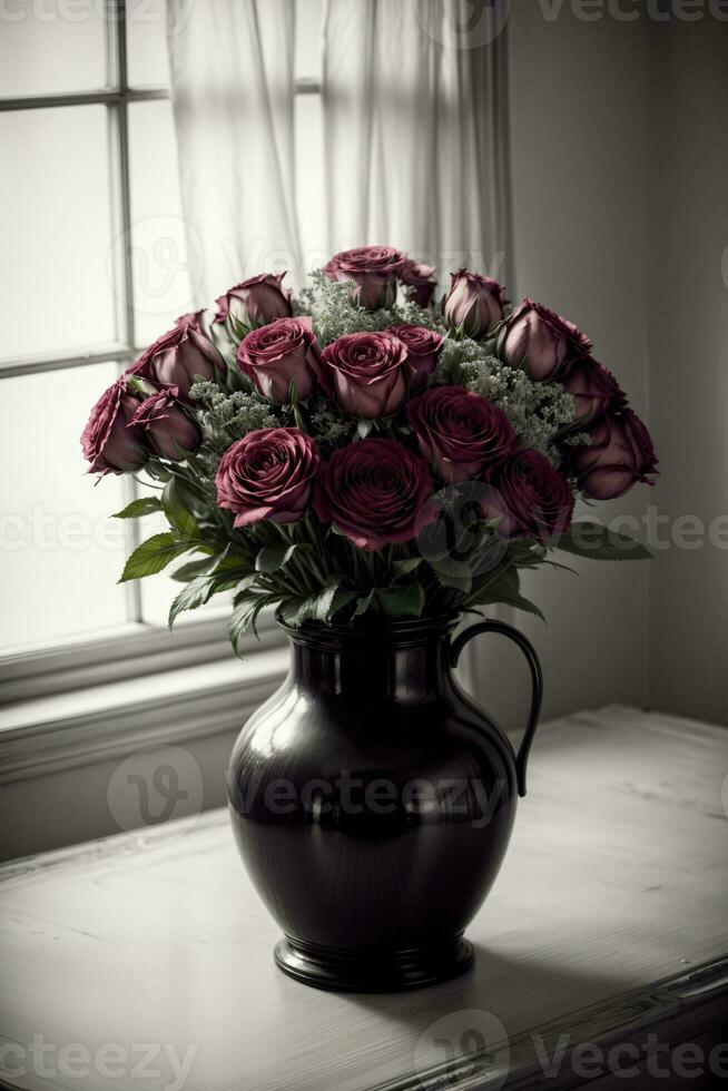 uma vaso preenchidas com grande quantidade do roxa flores em topo do uma mesa. ai gerado foto