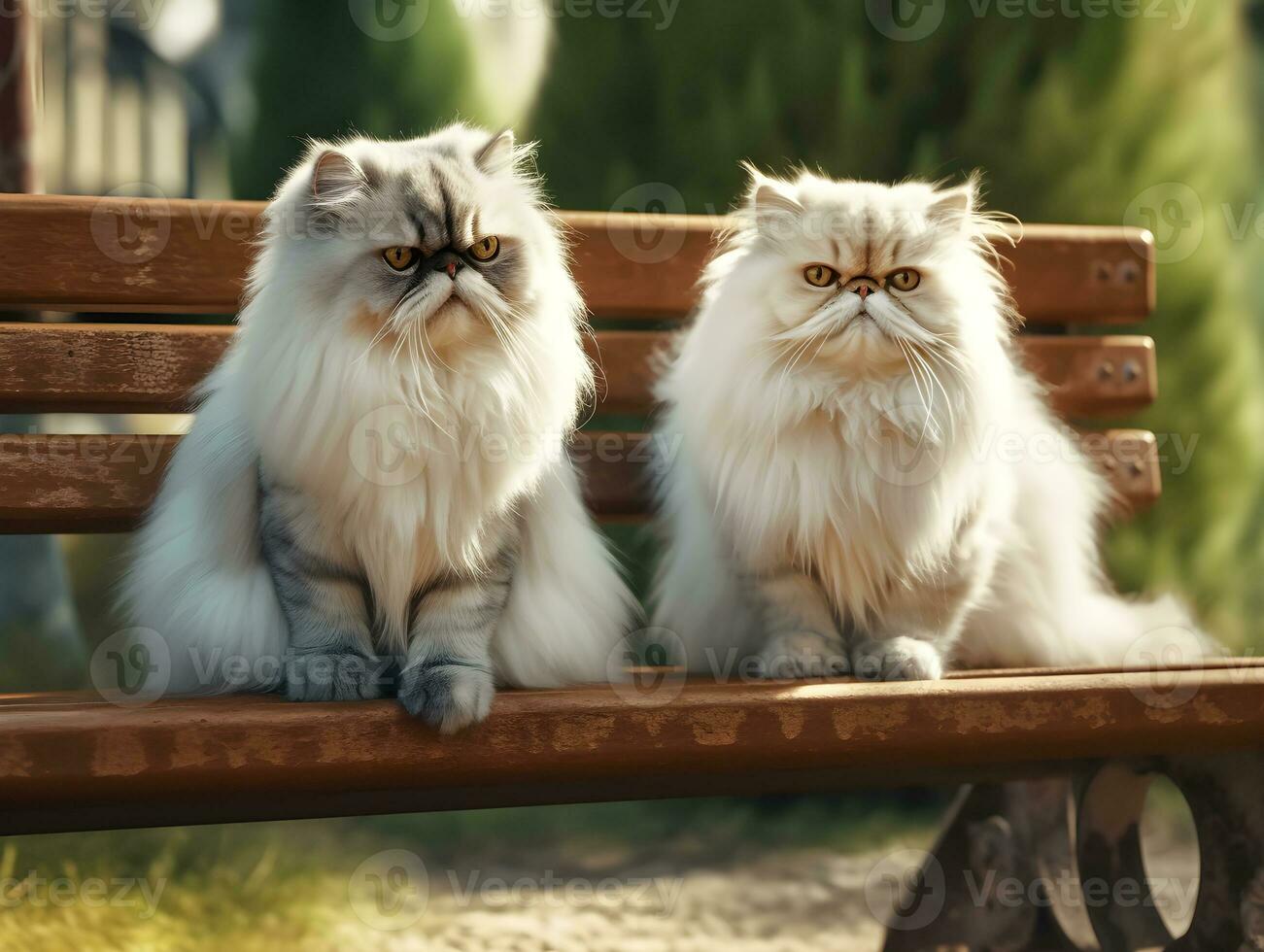 uma casal do fofa siberian gato sentado em uma Banco dentro a jardim. persa gato relaxar em uma de madeira cadeira dentro a cidade parque. generativo ai foto. foto